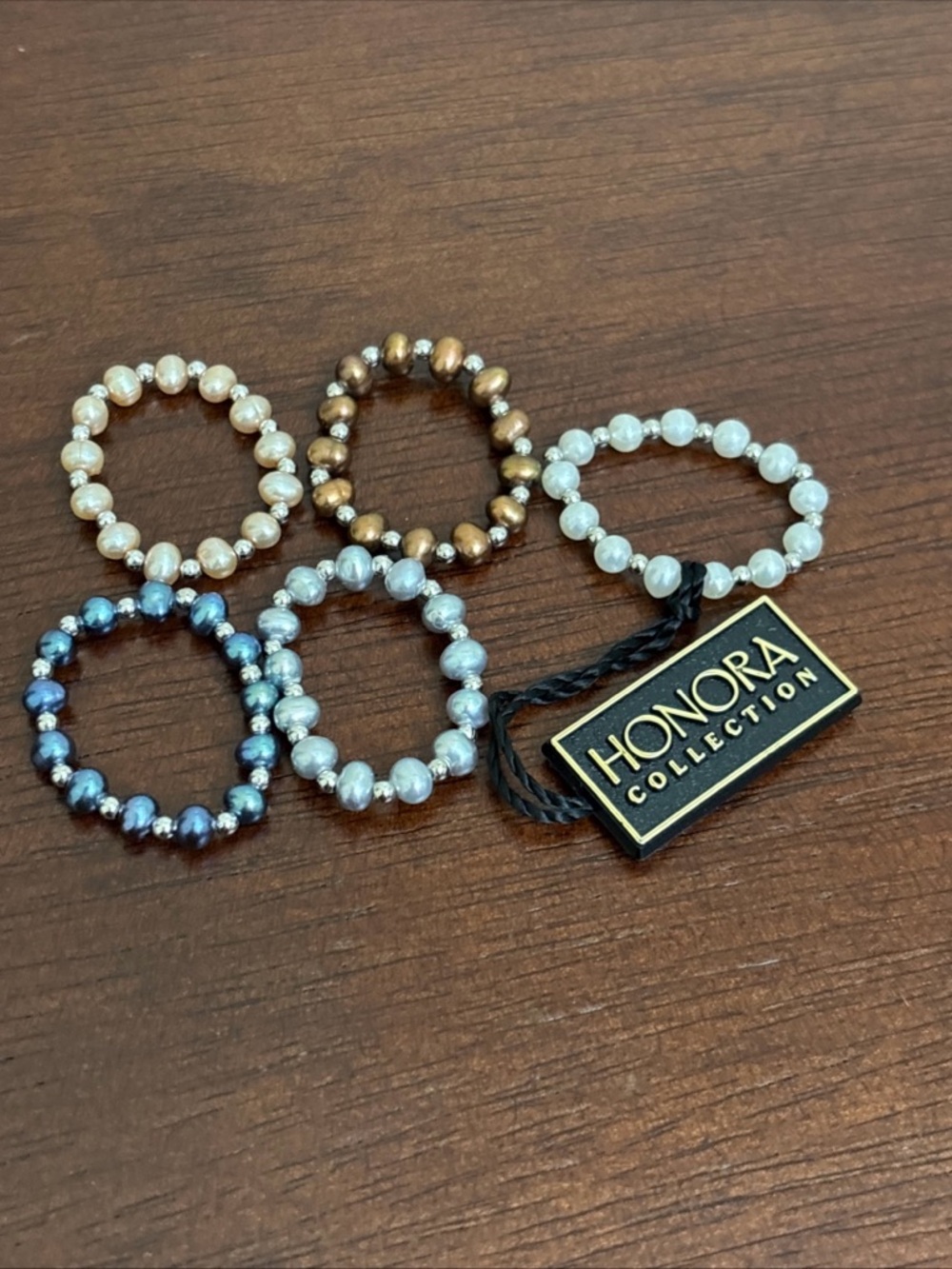 Honora Collection Nora Pearl Sterling Silver Beads Set Of 5 Stretch Rings New